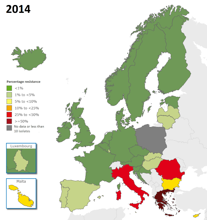 K. pneumoniae: procento výskytu invazivních kmenů (%) rezistentních ke karbapenemům EU průměr výskytu K.
