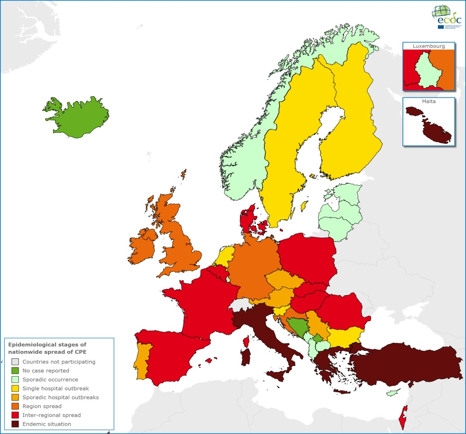 Výskyt CPE ve 38 Evropských zemích, porovnání situace 2013 a 2015 V roce 2015 endemická situace ve 4 zemích (hnědá barva) 9 zemí interregionální šíření CPE (červená barva) ČR sporadické outbreaky