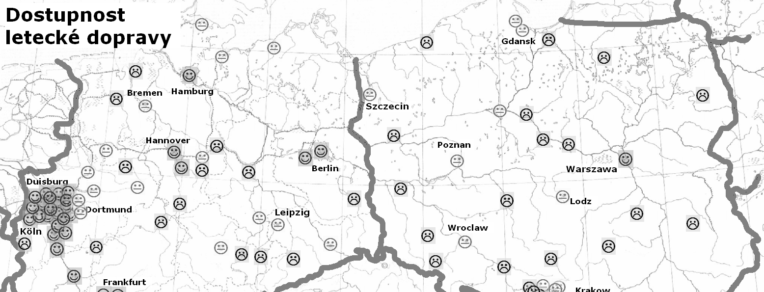 vzdálenost nejbližšího letišt (v km); jízdní doba z msta k nejbližšímu letišti (v minutách); kvalita spojení msta a letišt v individuální doprav (existence / neexistence dálnice) / zpsob napojení