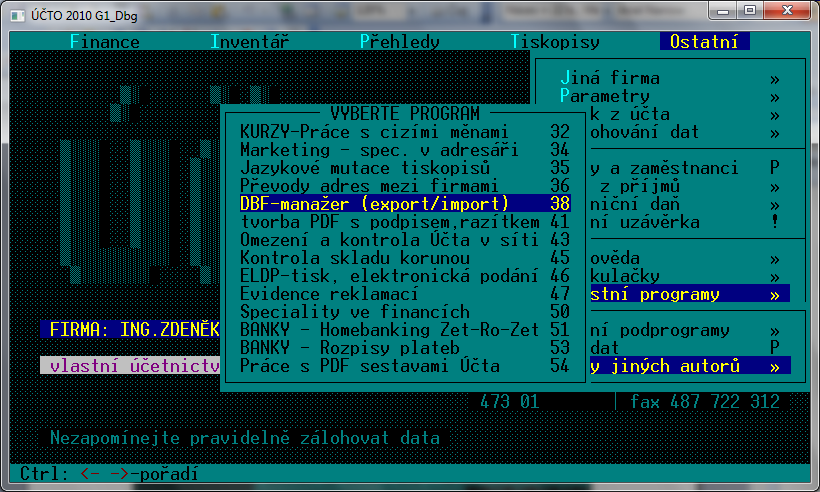 3. PŘÍPRAVA A NASTAVENÍ exportů a importů Modul je součástí Účta a spustí se z nabídky: Ostatní / Vlastní programy / Programy jiných autorů / DBF manažer (export/import) 38.