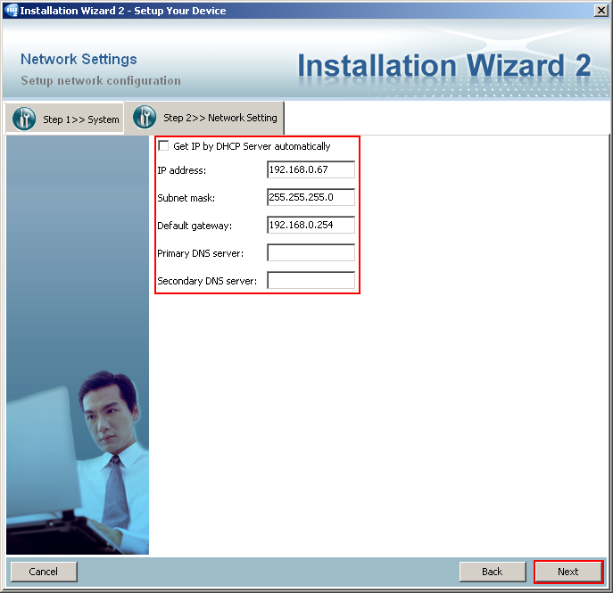 Obr. 13 - Nastavení IP adresy Zrušte označení Get IP by DHCP Server automatically vyplňte údaje o připojené kameře. Kamera IP address Subnet mask Default gateway Vnější článek A levá 1 192.168.54.