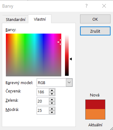5 Formuláře 107 Skupina STANDARDNÍ BARVY nabízí jednoduché barvy. V prvních šesti řádcích jsou různé odstíny 10 barev uvedených ve sloupcích.
