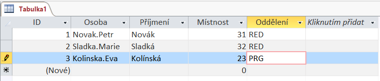 1 Databáze 16 Po výběru typu sloupce je sloupec nazván Pole 1. Přepíšeme text názvem našeho identifikátoru Osoba. Názvy polí budeme volit krátké, místo mezer či uvozovek budeme používat podtržítko.