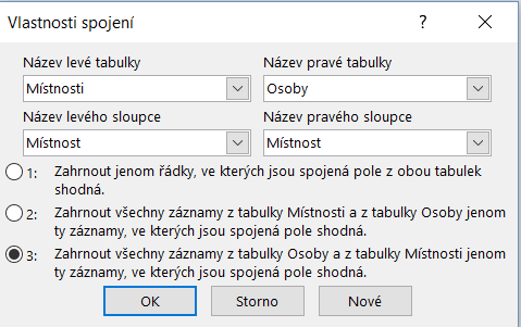 2 Relace 28 Typy spojení Dvojitým kliknutím na názvy polí v diagramu umístíme do podokna Mřížka pole Příjmení, Místnost z tabulky Osoby a Původní_telefon z tabulky Místnosti.