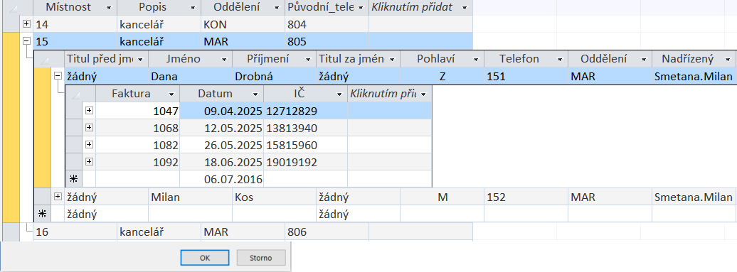 Název vnořeného datového listu musíme upřesnit pro dvě tabulky: Osoby: Z vhodných tabulek Výjezdy a Faktury vybereme Faktury. V druhé úrovni se k faktuře vypíší licence.