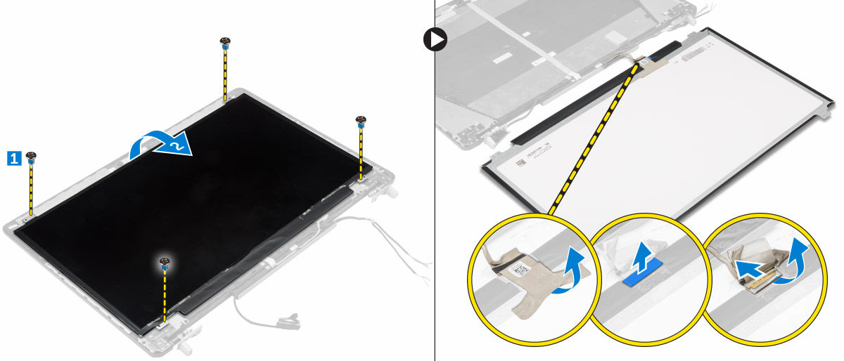 Vyšroubujte šrouby, kterými je připevněn panel displeje ke krytu displeje [1]. b. Zvedněte panel displeje [2]. c. Odpojte kabel edp.