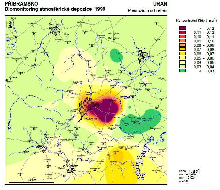 Obrázek 2: Koncentrace uranu (ppm) zjištěné v mechu