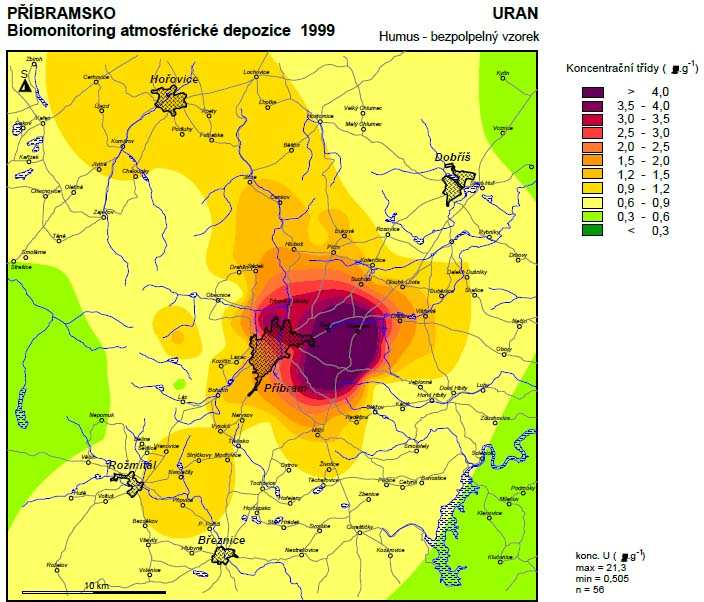 Obrázek 3: Koncentrace uranu (ppm) v humusovém