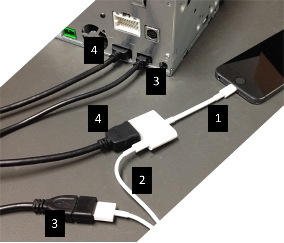 2. Zařízení Apple (iphone 5/5c/5s) Poznámky: Společnost Clarion nedodává Lightning Digital AV adaptér. HDMI kabel Clarion s označením CCA770 (typ A na typ A) se prodává samostatně.