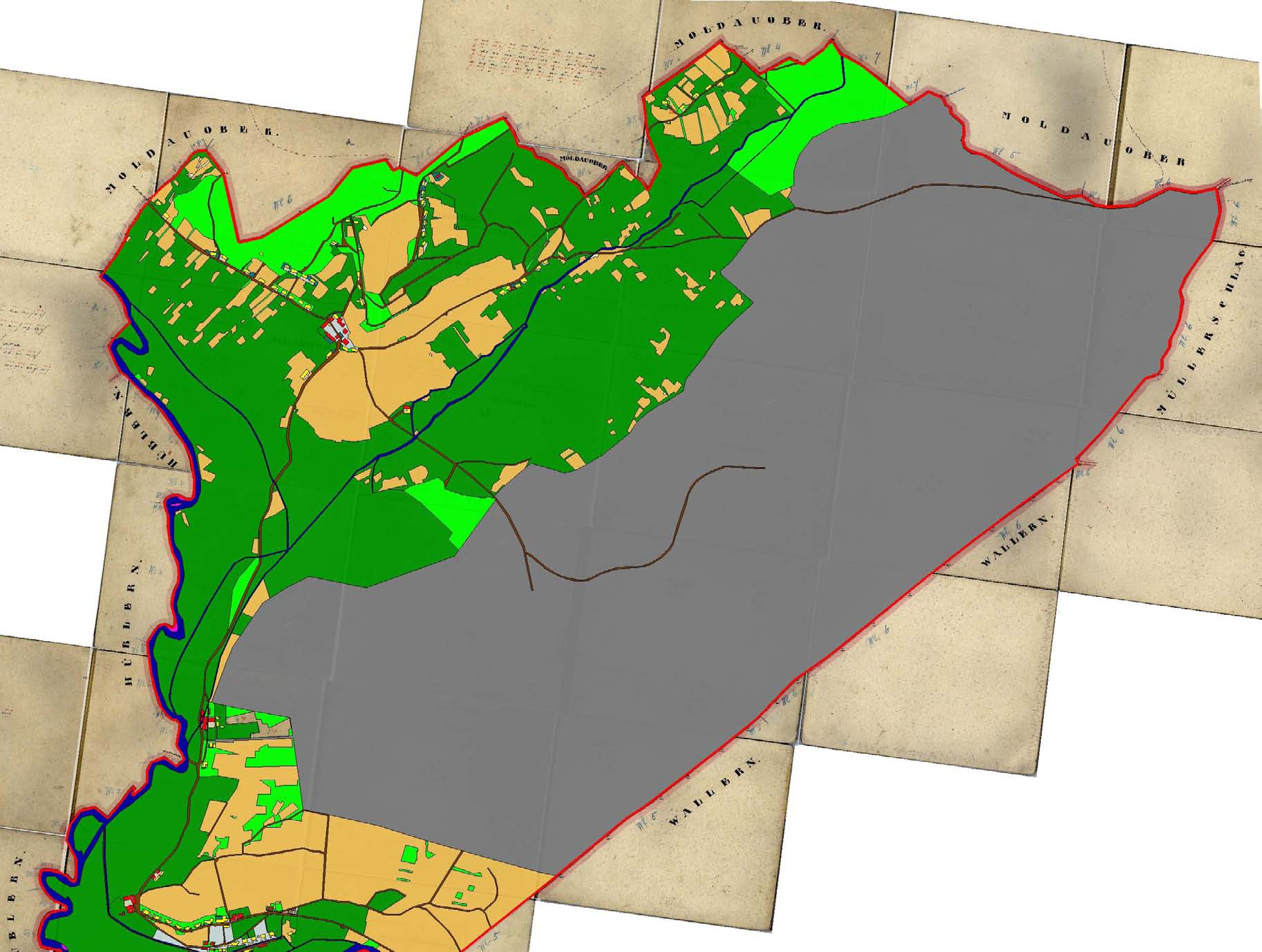 Obr. 13. Katastr obce Zátoň na mapě stabilního katastru z roku 1837. Variabilita území transektu Plechý-Boubín I tento transekt je možno členit na výrazně odlišné úseky podle segmentů (Obr. 14).