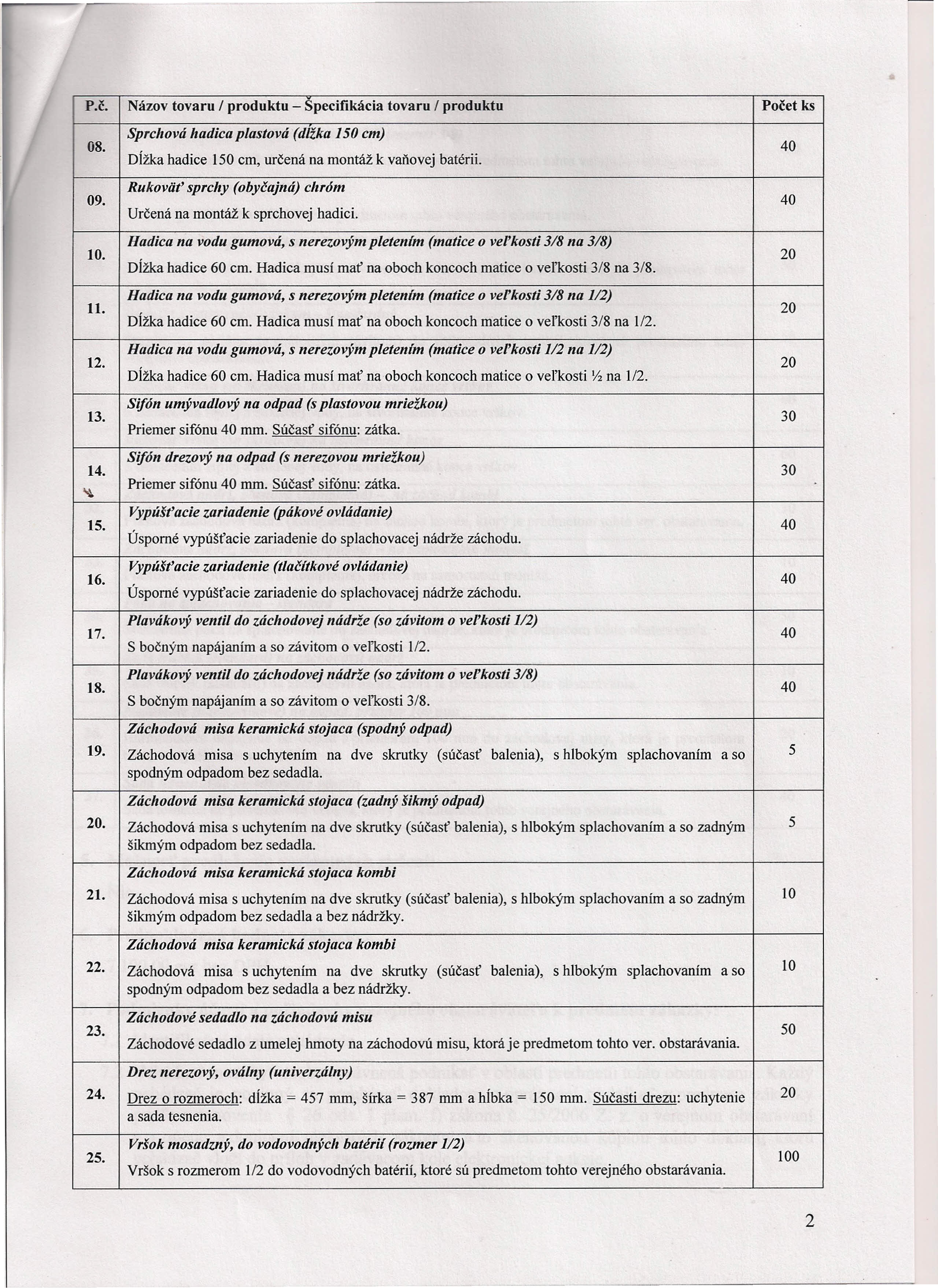 P.Č. Názov tovaru / produktu - Specifikácia tovaru / produktu Počet ks 08. 09. 10. ll. 12. 13. 14. ~ 15. 16. 17. 18.