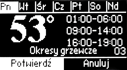 3: Na displeji se zobrazí přehled zadaných nastavení ty je třeba potvrdit. Přehled V této funkci se zobrazí přehled nastavených parametrů týdenního režimu.