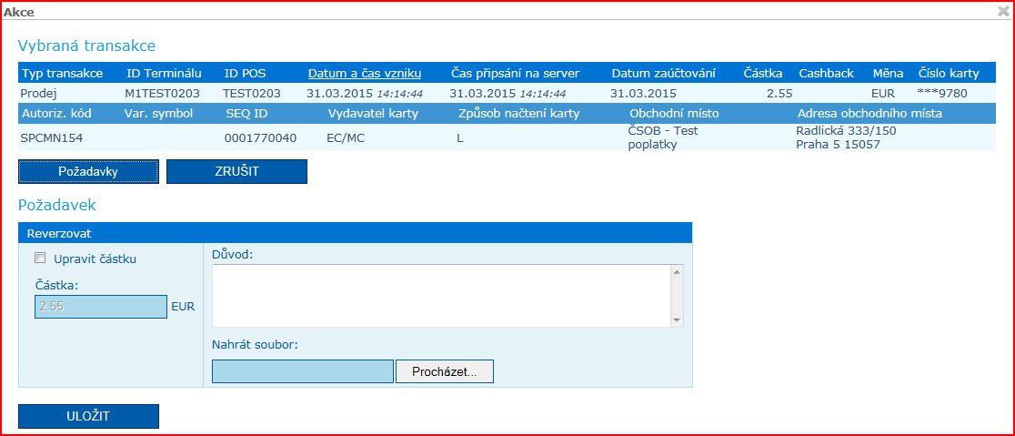 V první fázi je třeba vyhledat příslušnou platbu v zaúčtovaných transakcích (horní menu Transakce platební terminály, viz výše) a kliknout na symbol dolaru (Reverzovat) umístěného ve sloupci Typ