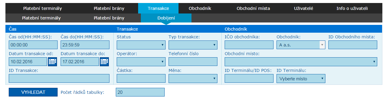 II.5 Transakce Dobíjení Volba Dobíjení je určena pro obchodníky, kteří používají na platebním terminálu službu