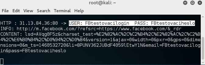 Nástroj Ettercap vypíše do terminálu přihlašovací jméno a heslo, a také odkaz z kterého přihlašovací údaje přišly. Obr. 8 Odchycené přihlašovací údaje z facebook.