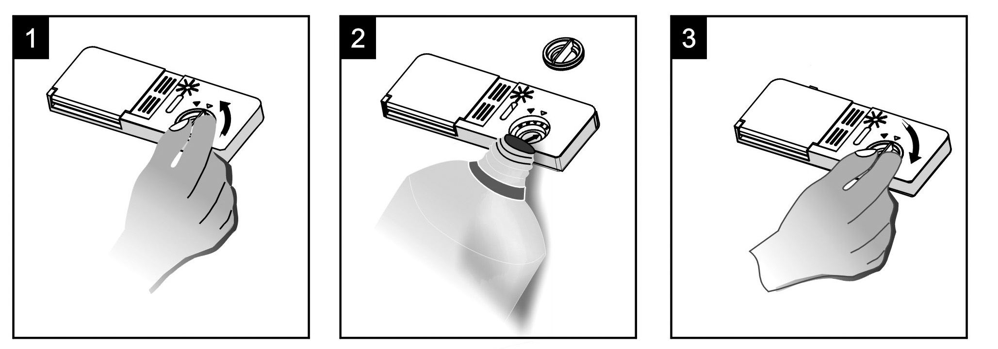 1. Dávkovač otevřete otočením víčka do polohy šipky otevřeno (vlevo) a zdvihnutím. 2. Do dávkovače nalijte leštidlo, dávejte pozor, abyste ho nepřelili. 3.