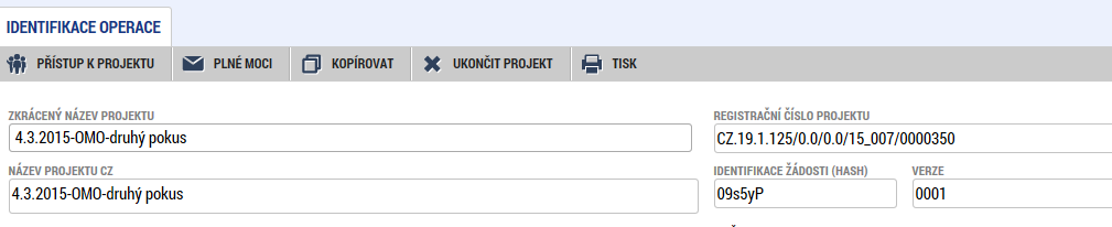 6. Ukončení projektu V případě, že byl vydán právní akt, projekt již nelze odvolat, ale pouze ukončit stisknutím tlačítka Ukončit projekt a doplnit důvod ukončení projektu.