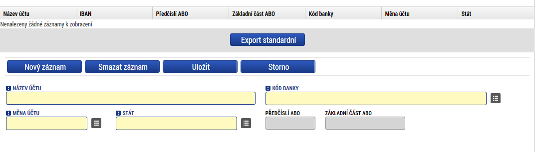 3.17. Záložka Účty subjektu Na záložce Účty subjektu vyberte z tabulky IČO žadatele a k němu následně doplňte účet žadatele. Stiskem tlačítka Uložit údaje uložíte.