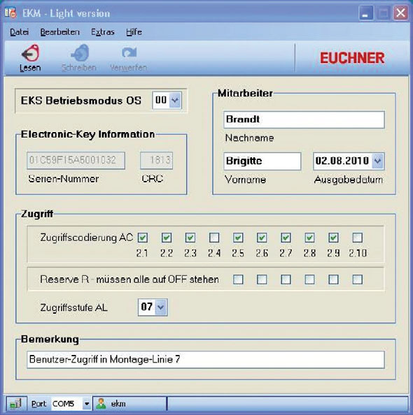 Programování klíčů se děje pomocí softwaru EKM Light se vstupní maskou pro adaptéry EKS Light.