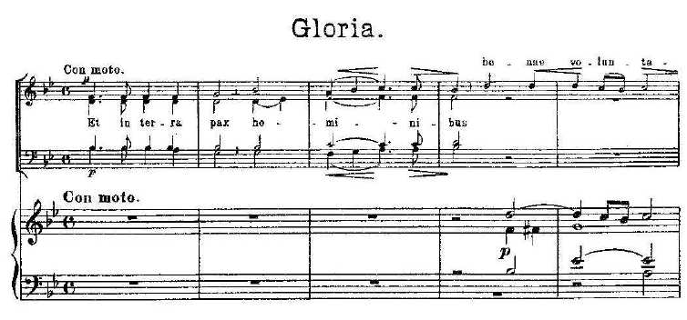 V části Gloria sbor nastupuje a capella přímo textem et in terra pax hominibus, tudíž je zřejmé, že autor počítal s chorálním předzpěvem kněze.