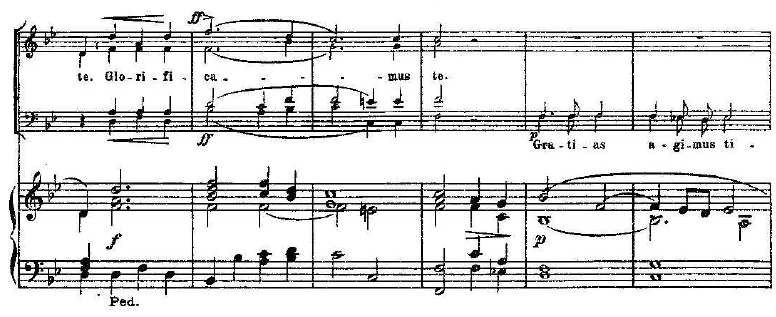 Následně pokračuje tenor v unisonu s basem, po dvou taktech se připojí i soprán s altem, autor zde užívá nástupu hlasů na lehkou dobu s následným průtahem.