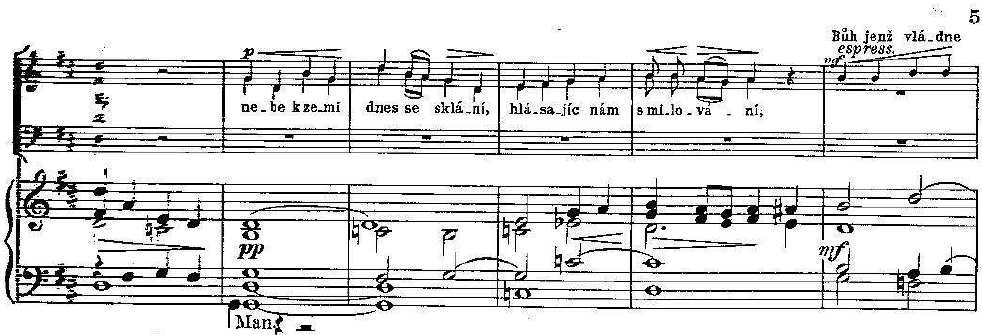 Na text Bůh jenž vládne od věků užívá autor imitační techniky nástupu hlasů a četné harmonické průtahy.