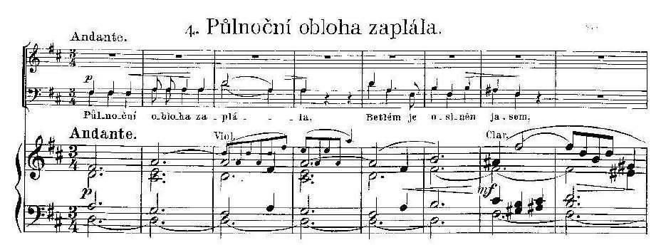 3.3.4. Půlnoční obloha zaplála Půlnoční obloha zaplála, Betlém je oslněn jasem, s nebe se snášejí andělé, zpívají vznešeným hlasem. Spasitel světa se narodil, Bohu mu na nebi sláva!