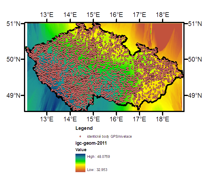 Směrodatá odchylka rozdílů mezi takto vyiterpolovaými hodotami a zámými hodotami a vyechaých bodech byla 0.040 m, miimum -0.54 m a maximum 0.73.