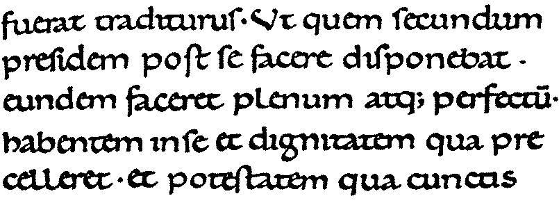 Obr. 13 Schéma čtyřlinkové písmové osnovy Tímto se došlo k prostému, avšak vysloveně formálnímu knižnímu písmu, s neozdobnou kresbou a vyváženým kontrastem slabých a silných tahů.