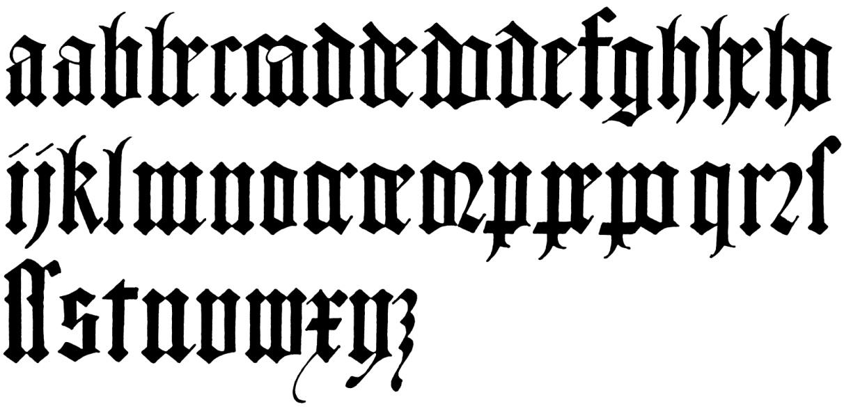 Obr. 24 Textura čtvercová 14. 15. století Textura smíšená Postupně začal do rukopisů pronikat i další typ písma, kurzivní písmo listinné.