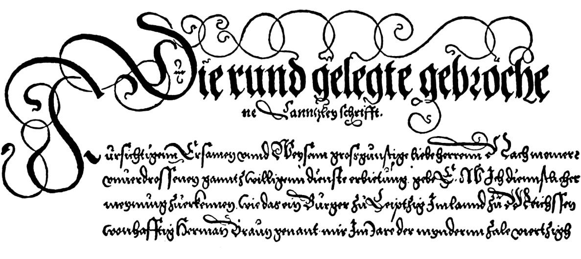 5.4. Kancelářské písmo Písmo speciálně určené pro úřední korespondenci a administrativu se používá od 16. století a v Německu navazuje na gotickou listinnou frakturu (obr. 33).
