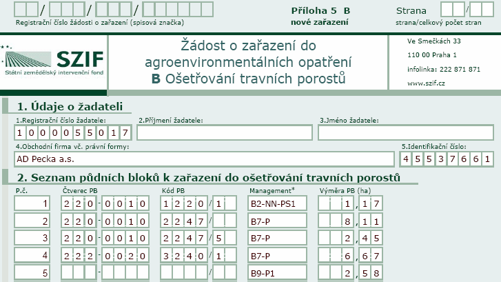 d) Titul. Žadatel zapíše kód titulu z tabulky kódů. e) Výměra.