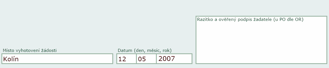 Na této straně se žadatel podepisuje (viz červený rámeček) ověřeným podpisem (tento podpis nemusí být