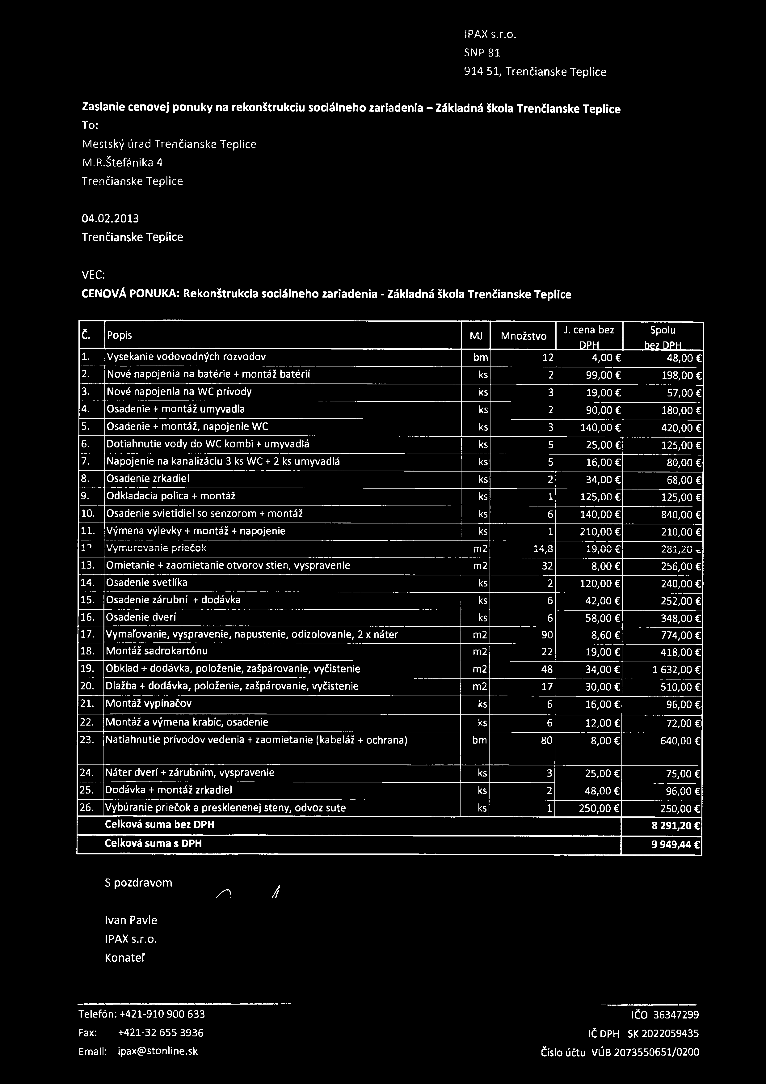 cena bez Spolu MJ Množstvo DPH bez DPH 1. Vysekanie vodovodných rozvodov bm 12 4,00 48,00 2. Nové napojenia na batérie + montáž batérií ks 2 99,00 198,00 3.