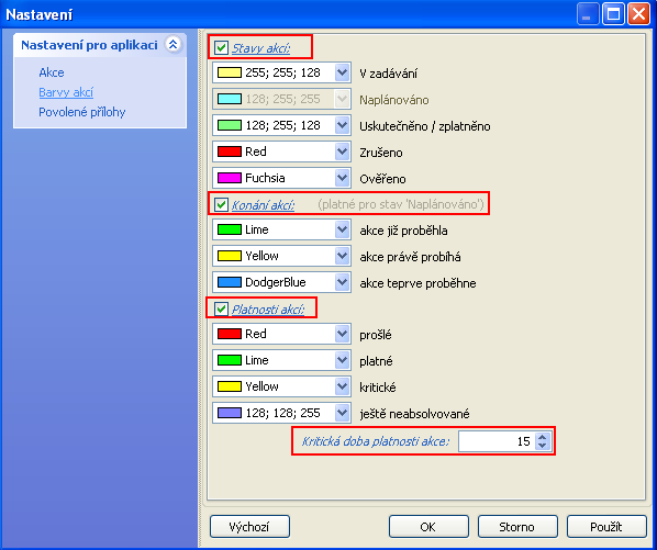 3.4.2 Nastavení barvy akcí v seznamech a kritické doby platnosti.