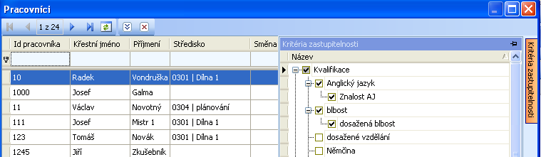 Přiřazování pracovníků se provádí výběrem z databáze pracovníků. (Kliknutím myší na tlačítko pro zadání nového záznamu, se objeví okno se seznamem pracovníků).