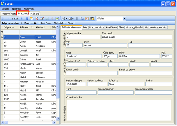 5 Část Pracovníci V levé části okna je zobrazen seznam pracovníků. Informace uvedené v seznamu lze dále třídit pomocí filtrů, řadit, měnit pořadí sloupců apod.