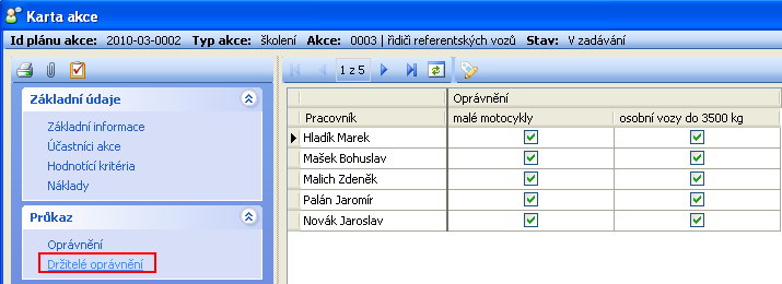 Na základě vybraných oprávnění se toto zobrazuje u pracovníků zařazených do školící akce 6.