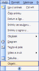 Vkládání objektů na snímky Stejné jako ve Wordu Nabídka Vložit/