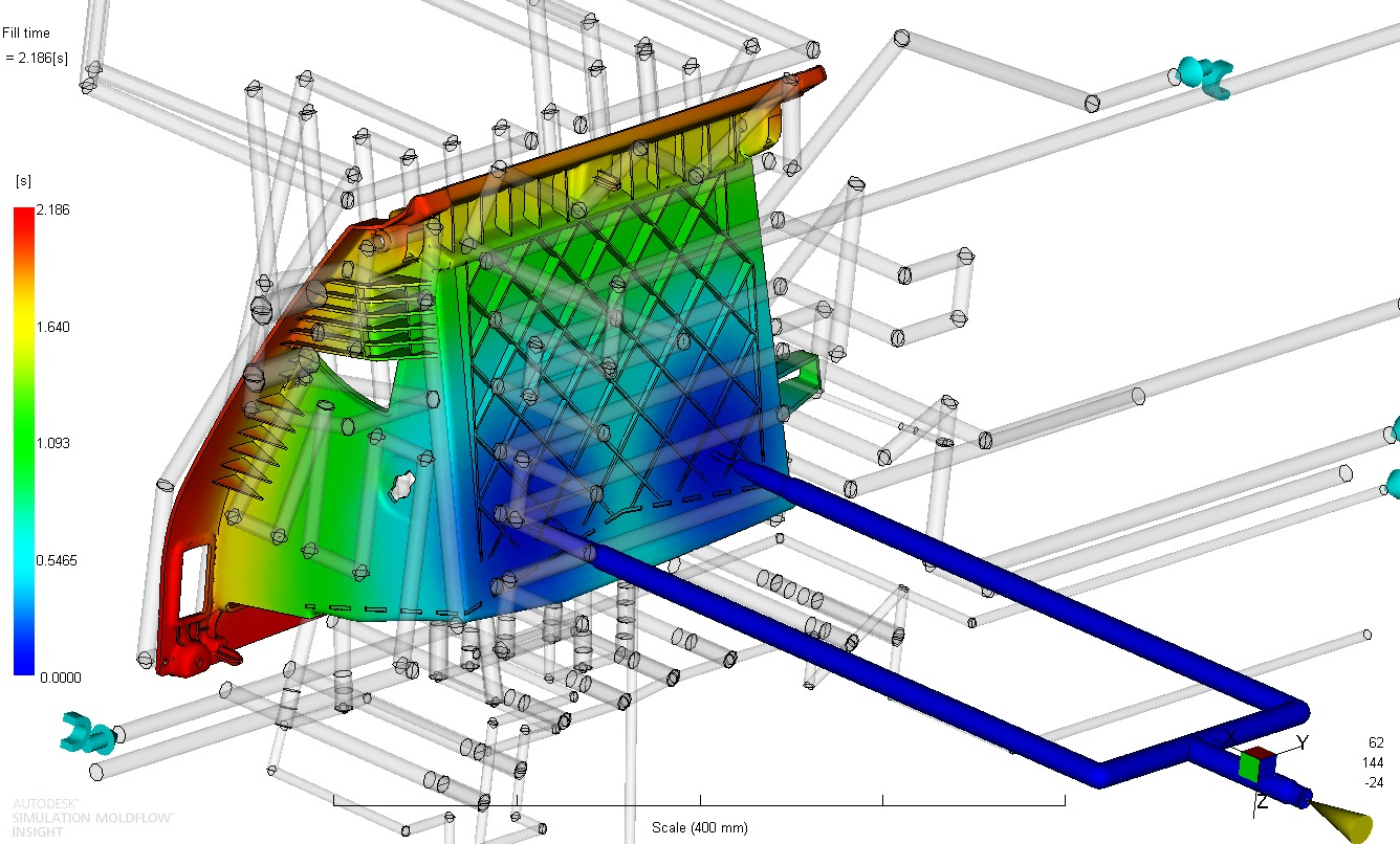 SIMULACE PLNĚNÍ DÍLU KA05-08 - PŘIHRÁDKA Simulace byla provedena v softwaru Autodesk Moldflow Insight 2015 Díl byl převeden z formátu *.CATPart (Catia V5) do formátu *.