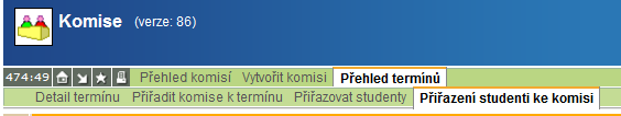 Kliknutím na ikonku vedle kterékoli (sub)komise se dostanete do její podzáložky Přiřazovat studenty, kde můžete opět stejným způsobem studenty ke komisi