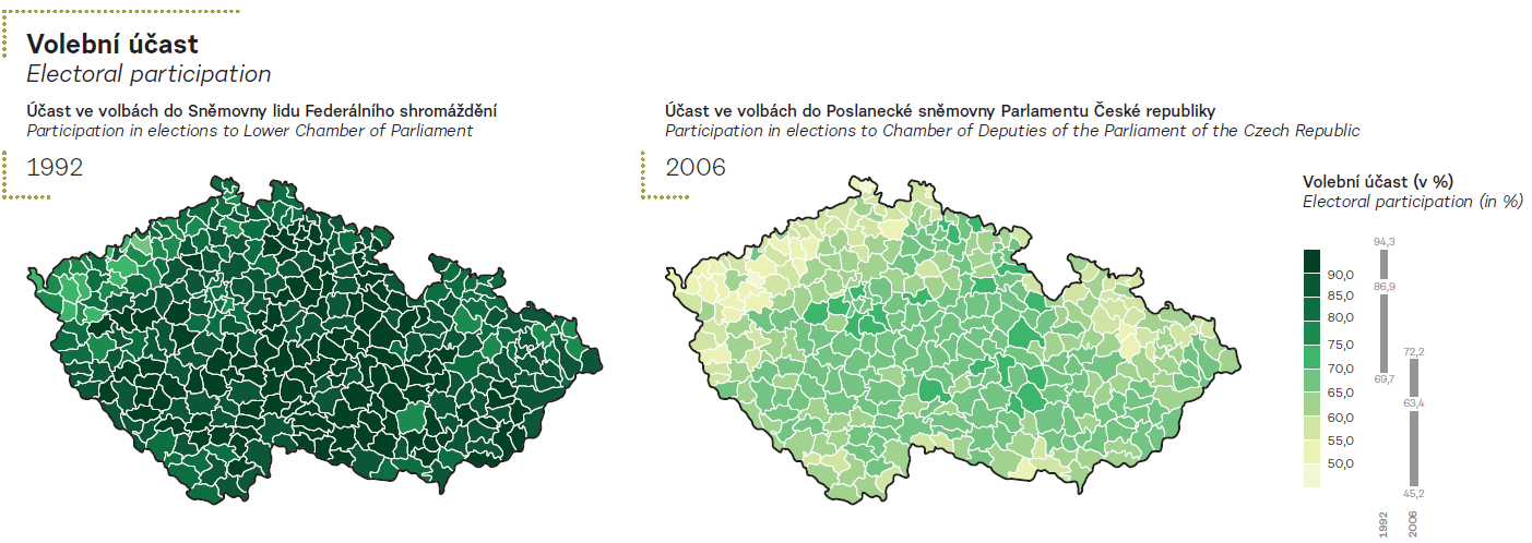 Diskutujte, co může ovlivnit ochotu lidí účastnit se parlamentních voleb. Následně identifikujte oblasti, kde je volební účast nižší. Jsou tyto oblasti v něčem specifické?