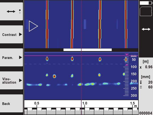 1. V hlavní nabídce zvolte funkci "Quickscan Recording". 2. Nastavte směr skenování. 3. Namiřte skener na zkoumanou plochu. 4. Tlačítkem start/stop spusťte měření.