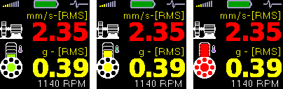 Měřící obrazovky Celkové RMS efektivní hodnoty: Měření efektivní hodnoty vibrací v pásmech: 10 Hz - 1000 Hz v mm/s, 0.5 khz - 16 khz v g, s odhadem otáček měřeného stroje.
