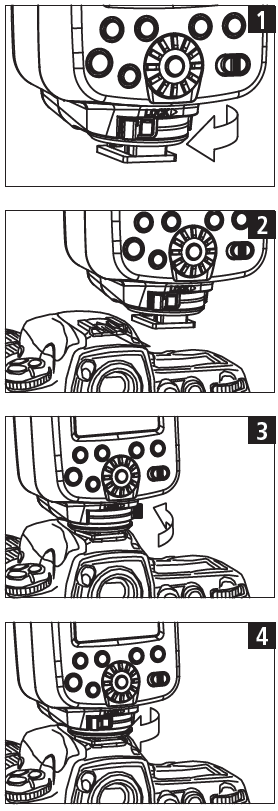 Připevnění blesku k fotoaparátu 1. Příprava blesku Otočte aretačním kolečkem na nejvyšší polohu (dle šipky) 2. Nasuňte blesk Nasuňte blesk do sáněk fotoaparátu. 3.