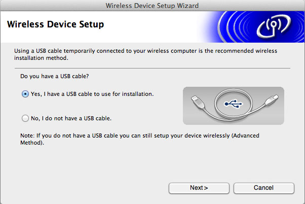 3 Při použití Metody 1: Konfigurace pomocí instalačního disku CD-ROM a dočasného použití kabelu USB zvolte Yes, I have a USB cable to use for installation a poté klepněte na