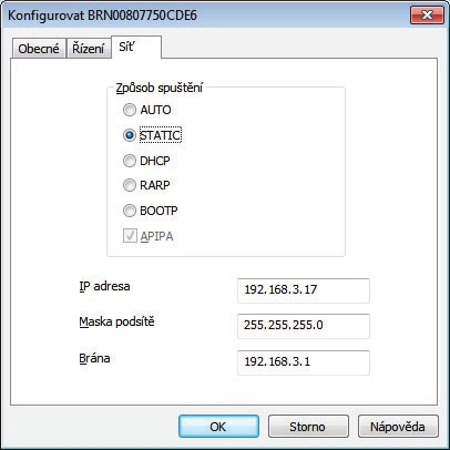 3 Vyberte volbu STATIC v poli Způsob spuštění. Zadejte IP adresu, Masku podsítě a Bránu a poté klepněte na tlačítko [OK]. 4 Informace o adrese budou uloženy do tiskárny.