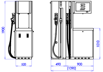 oboustranném provedení s jednou nebo dvěma výdejními hadicemi pro výdej PHM navinutými ve stojanu s pomocí navijáků a jednou, dvěma nebo čtyřmi volně visícími výdejními hadicemi pro výdej CNG.