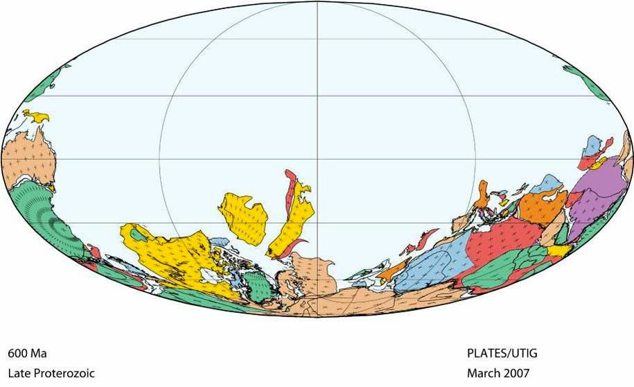 Obr. Geo_2. Začátek rozpadání Pannotie. Austrálie je vlevo v oblasti rovníku. Východní třetina Austrálie však v té době ještě neexistovala, je uvedena jen pro lepší rozpoznání kontinentu.