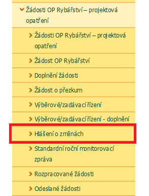 Po přihlášení se načte úvodní strana PF. Pro nalezení podání Hlášení o změnách lze například použít odkaz Hlášení o změnách v levé sloupcové nabídce (obrázek č. 4).